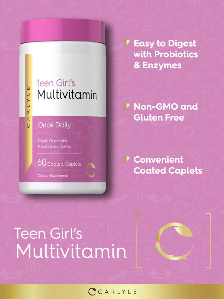 Hand holding Teen Girl's Multivitamin bottle with 60 coated caplets, suitable for daily supplement needs.