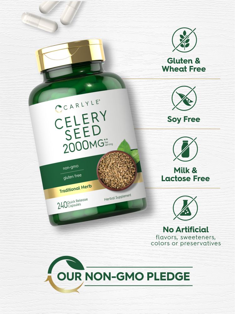 White Quick Release Capsules are scattered next to a Carlyle Celery Seed 2000 mg bottle on a flat surface.