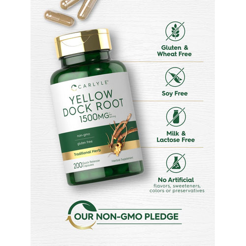 View 4 Quick Release Capsules of Yellow Dock 1500 mg are shown on a hand scale, indicating their size and packaging type.
