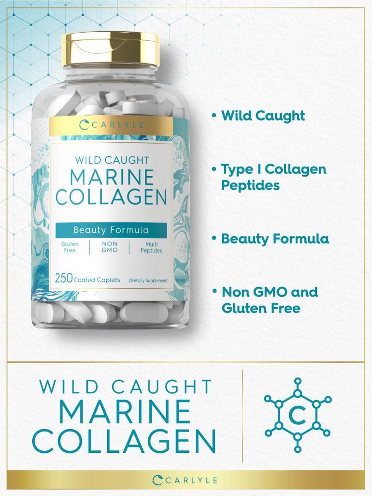 A clear plastic bottle containing 250 white coated caplets of Marine Collagen.