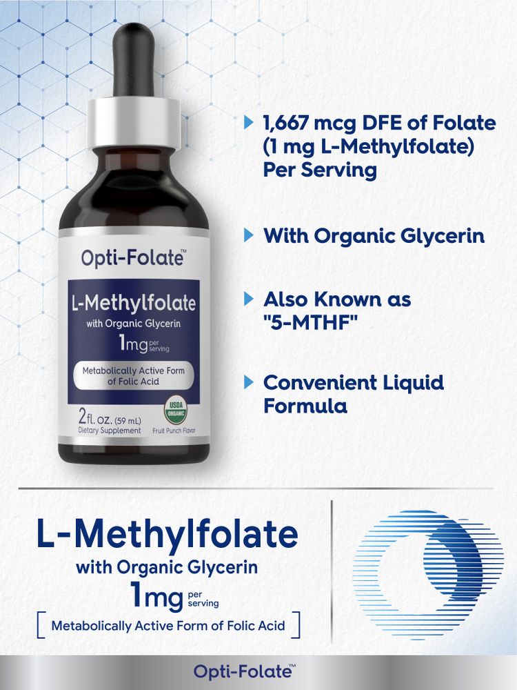Liquid L-Methylfolate 1 mg per serving in a 2 fl. oz. (59 mL) dropper bottle shown on a hand scale.