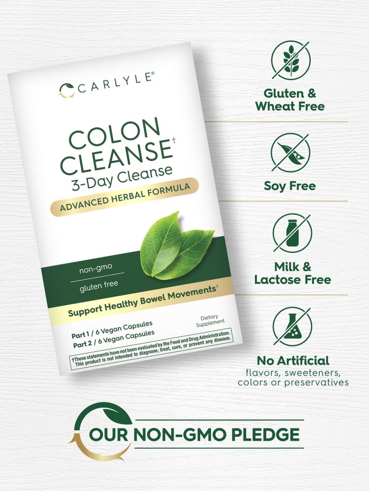 Box of Carlyle Colon Cleanse 3-Day Cleanse with two parts, each containing 6 Vegan Capsules.
