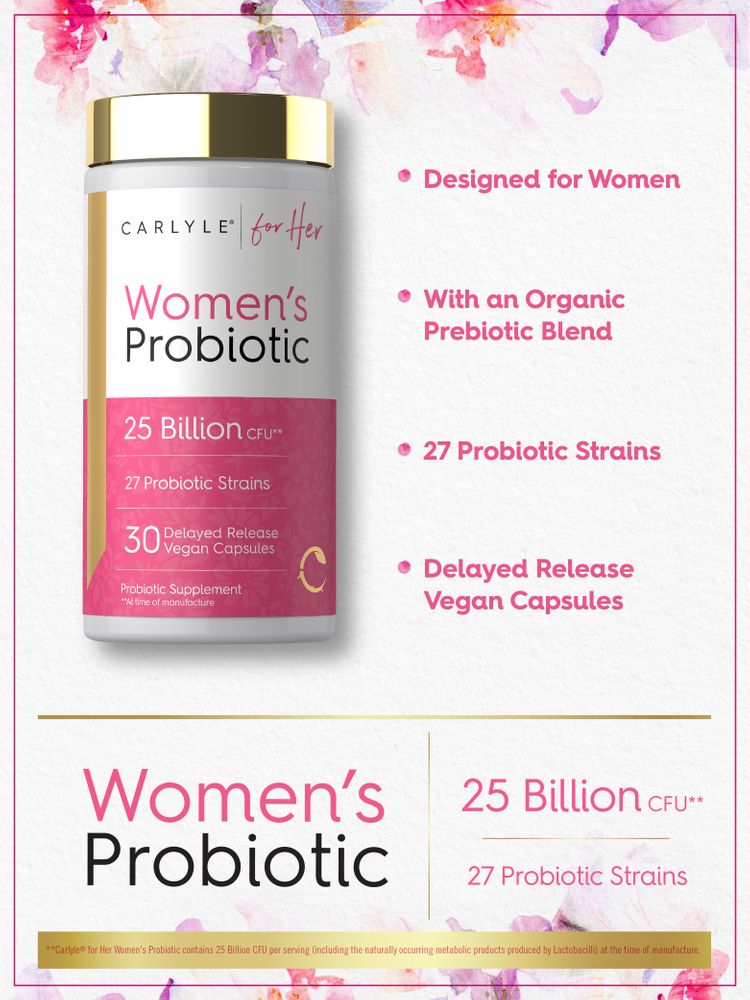 Women's Probiotic with 25 Billion CFU and 27 Probiotic Strains in 30 Delayed Release Vegan Capsules.