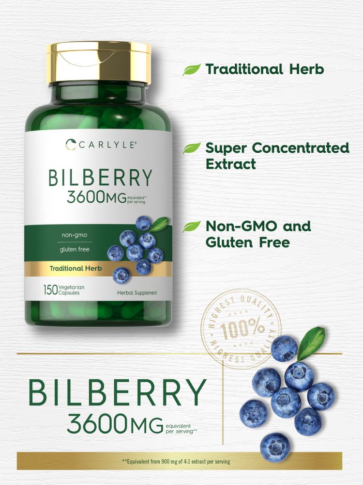 Carlyle Bilberry 3600mg supplement in a bottle containing 150 vegetarian capsules, shown on a scale held by a hand.