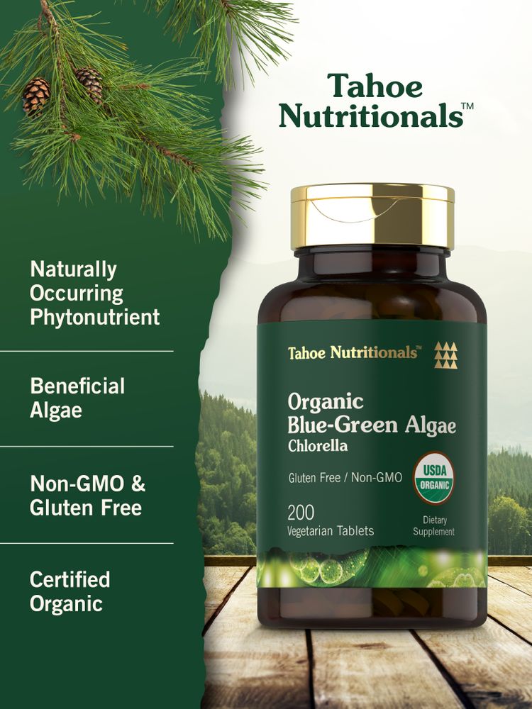 Organic Blue-Green Algae Chlorella 200 Vegetarian Tablets shown in bulk on hand scale.