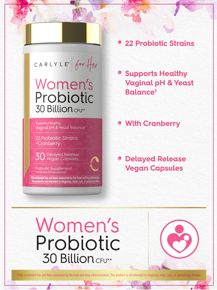 Carlyle Women's Probiotic with 30 Billion CFU, 30 delayed release vegan capsules.