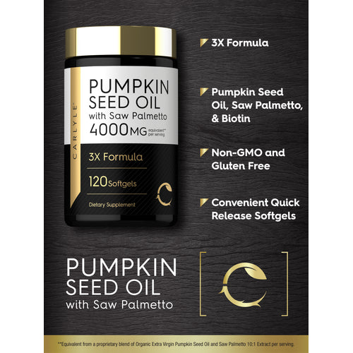 View 4 Pumpkin Seed Oil with Saw Palmetto, 4000 MG Equivalent, 3X Formula, 120 Softgels, dietary supplement.