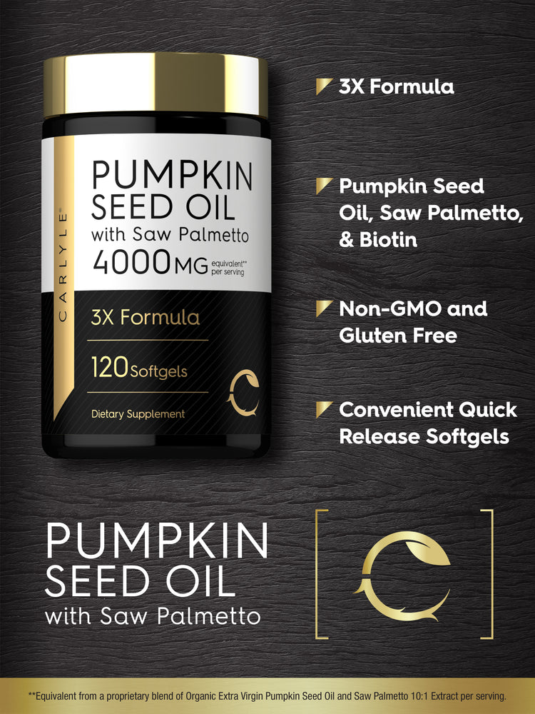 Pumpkin Seed Oil with Saw Palmetto, 4000 MG Equivalent, 3X Formula, 120 Softgels, dietary supplement.
