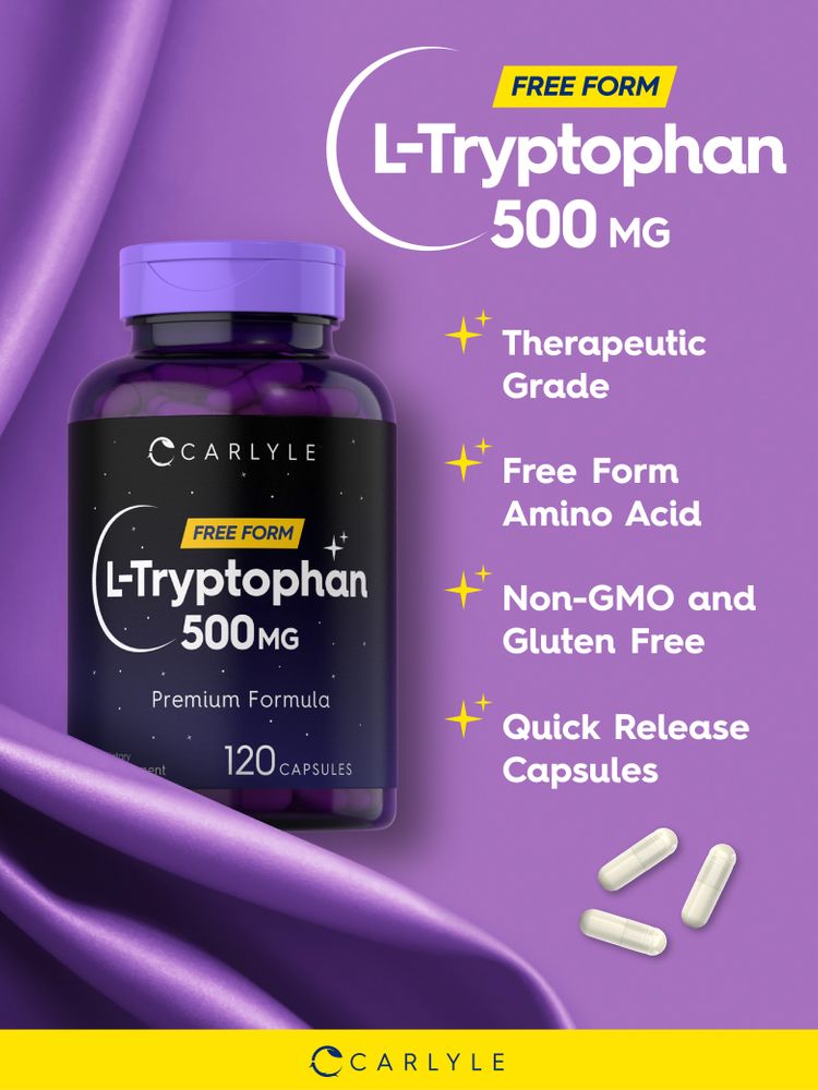A hand holds a bulk scale with three white L-Tryptophan 500 mg capsules.