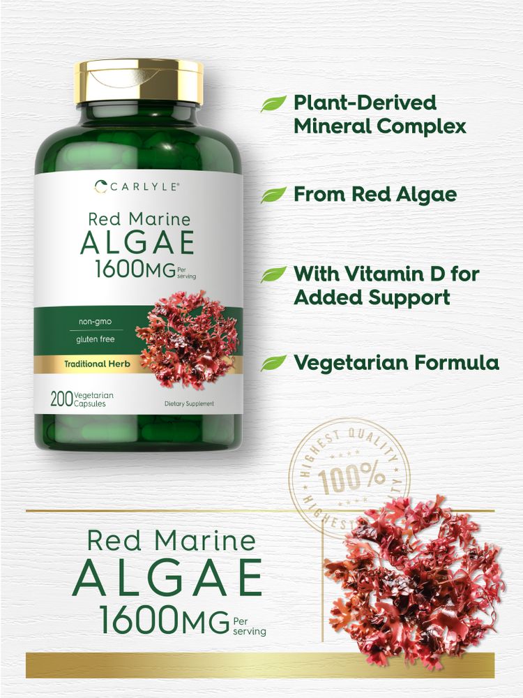 A pile of red marine algae with the text 'Red Marine ALGAE 1600MG per serving'.