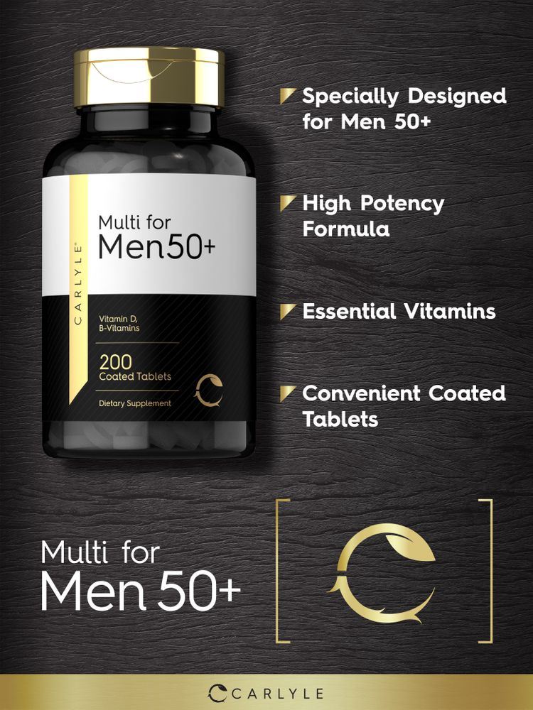 Carlyle Multi for Men 50+ contains 200 coated tablets designed for daily health support in older men.