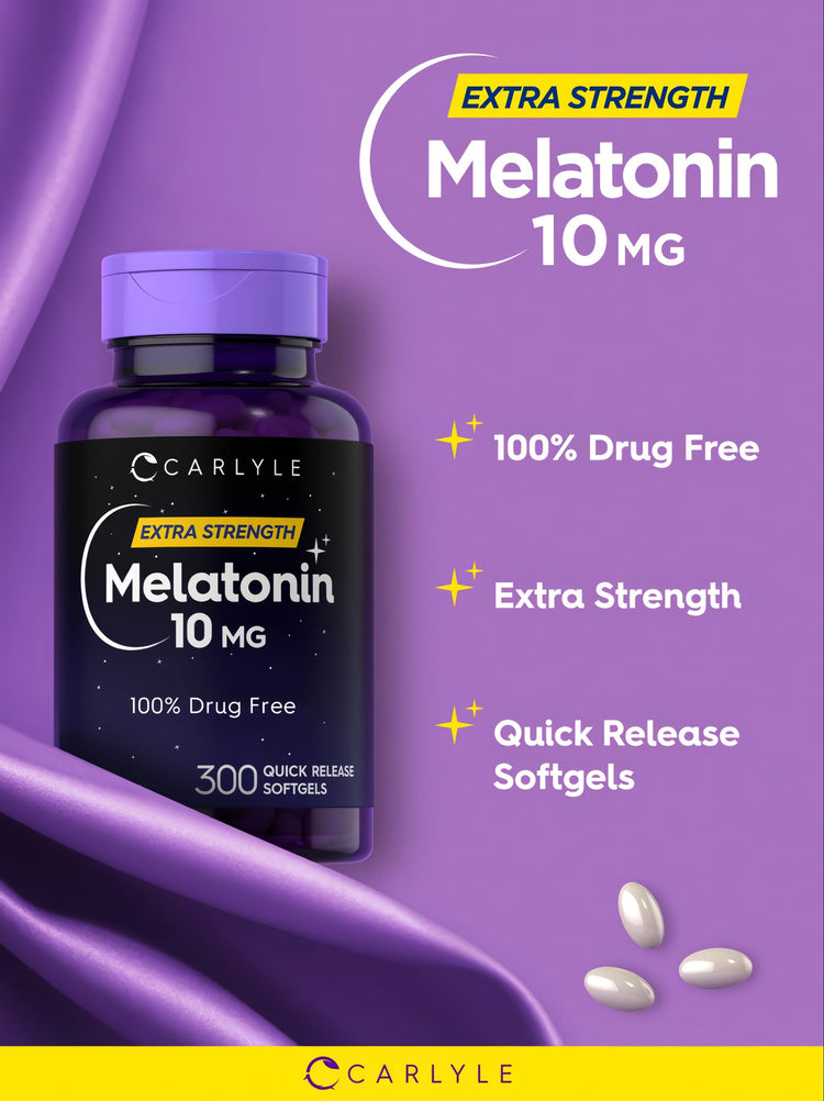 Bottle of 300 Carlyle Extra Strength Melatonin 10 MG Quick Release Softgels shown with three white softgels.