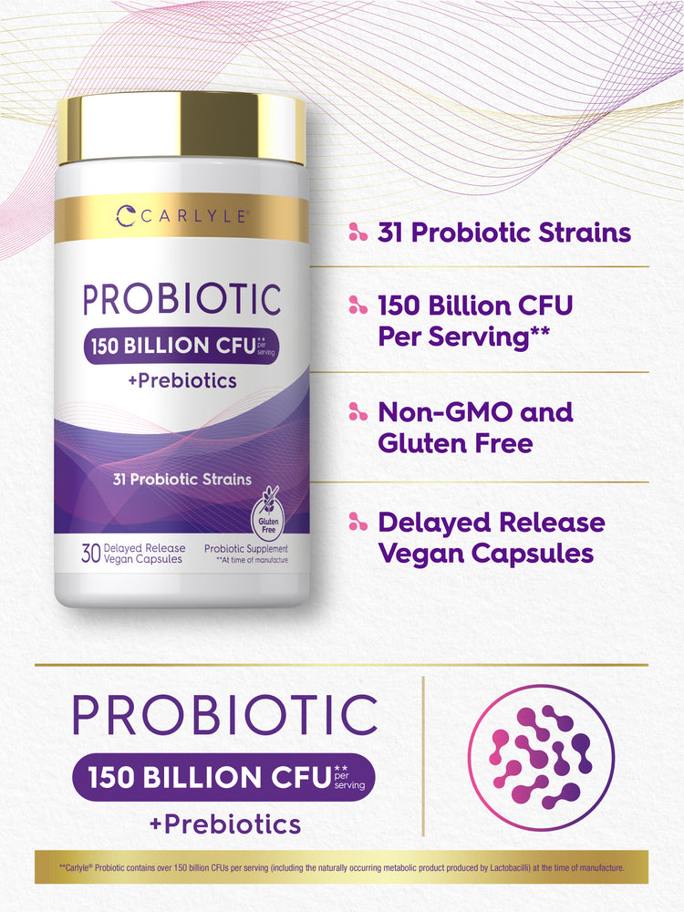Carlyle Probiotic 150 Billion CFU with Prebiotics, 31 strains, 30 delayed release vegan capsules.