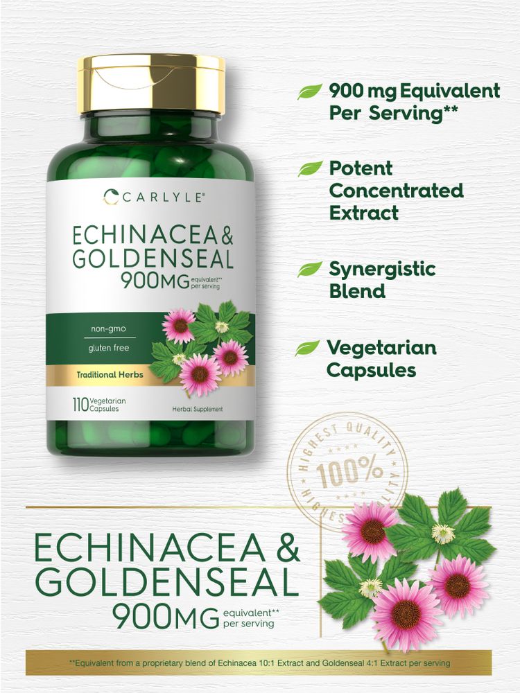Echinacea and Goldenseal supplement, 900mg equivalent per serving, in a bottle of 110 vegetarian capsules.