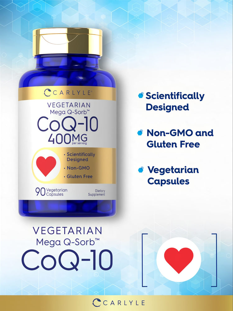 A hand holding a bottle of CoQ10 400 mg with 90 vegetarian capsules on a bulk scale.