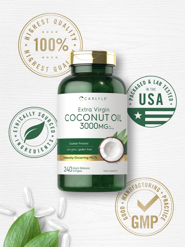 White oval softgels of Carlyle Coconut Oil 3000 mg with accompanying green leaves for visual context.
