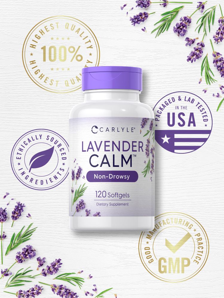 A hand holds a scale with Carlyle Lavender Calm 120 softgels bottle on it. Balance and wellness concept.