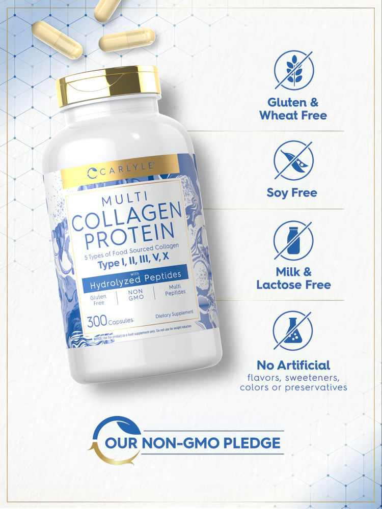 A bulk scale display of 300 Multi Collagen Protein Capsules in a hand, emphasizing the product's volume and quality.