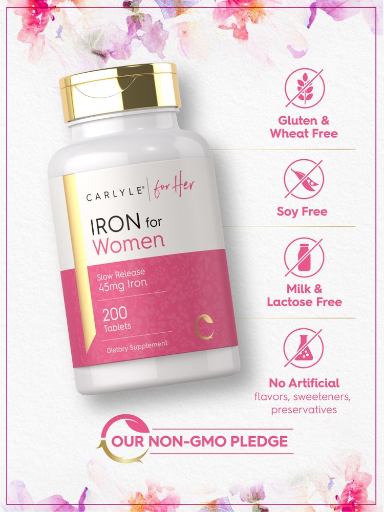 Iron for Women bottle: Gluten & Wheat Free, Soy Free, Milk & Lactose Free, No Artificial Flavors/Sweeteners/Preservatives, Non-GMO