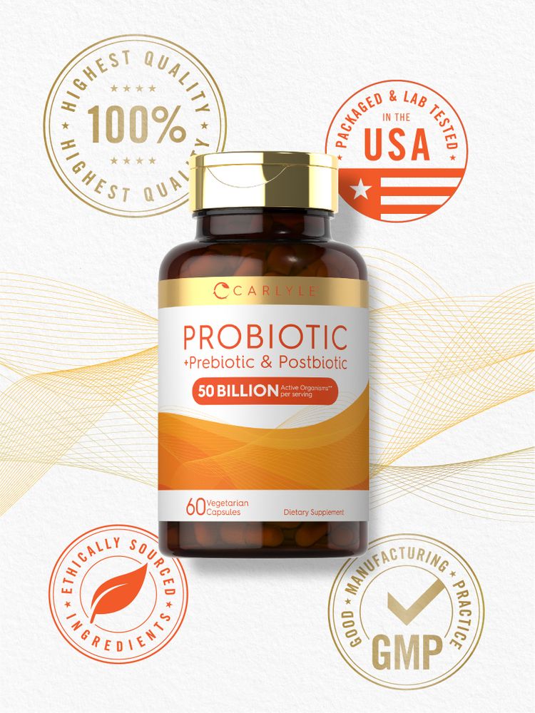 Carlyle Probiotic + Prebiotic & Postbiotic: Includes 50 billion active organisms per serving, 60 vegetarian capsules.