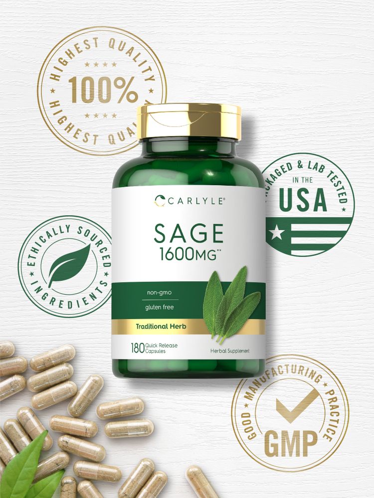 Hand holding Sage 1600 mg Quick Release Capsules on a bulk scale packaging.