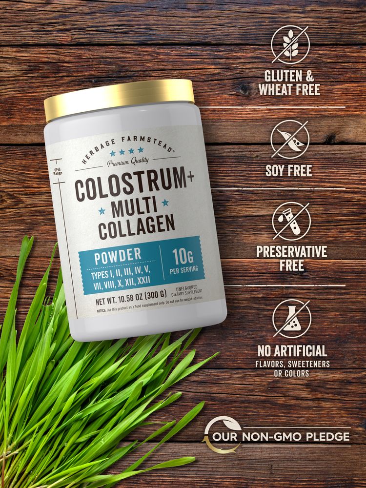 Colostrum & Collagen powder: Gluten & Wheat Free, Soy Free, Preservative Free, No Artificial Flavors/Sweeteners/Colors, Non-GMO