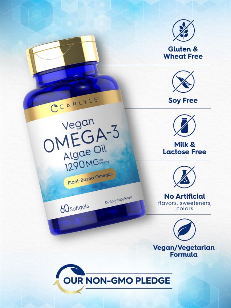 Carlyle Vegan Omega-3 Algae Oil, 1290 MG per serving, 60 softgels. Bottle placed on a hand scale for weight reference.