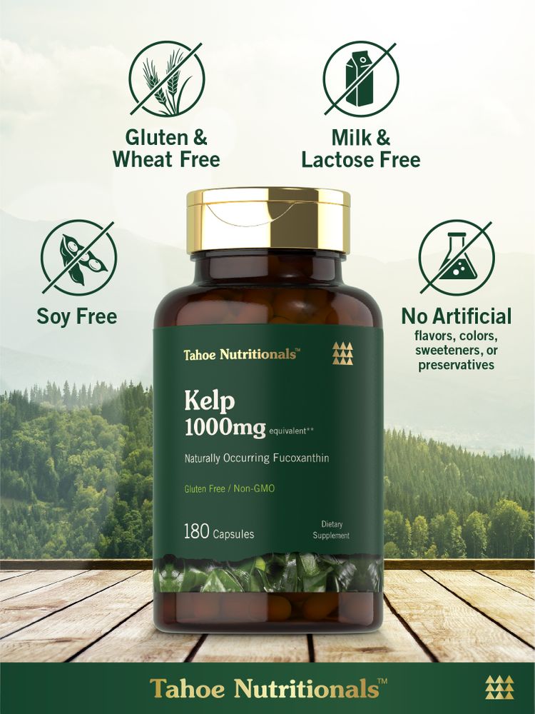 Kelp bottle labeled as gluten, wheat, milk, lactose, and soy free with no artificial flavors, colors, sweeteners, or preservatives.