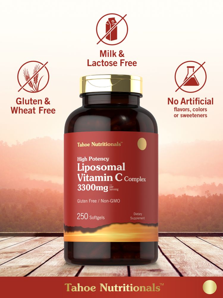 A bottle of 250 softgels containing Liposomal Vitamin C Complex with 3300mg per serving, shown on a hand scale.
