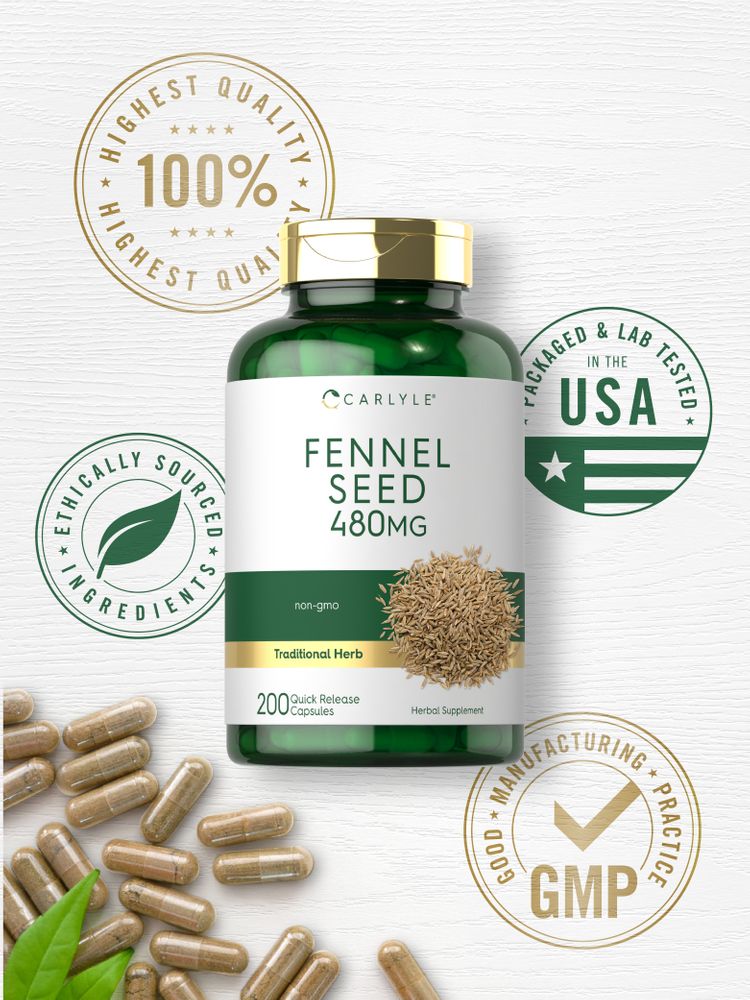 Several 480 mg fennel seed quick-release capsules scattered around.