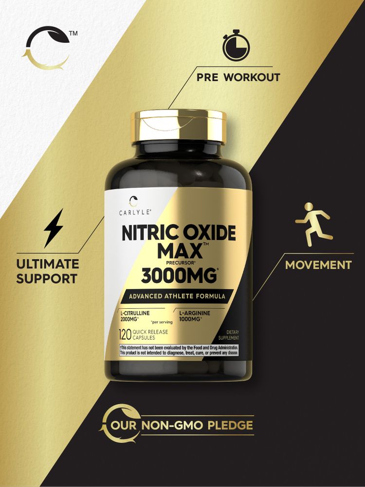 Hand holding Carlyle Nitric Oxide Max Precursor 3000MG, 120 Quick Release Capsules package.