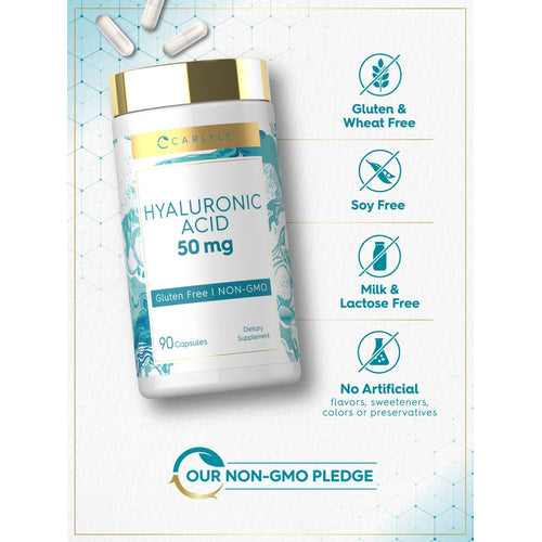 View 5 White capsules labeled as Hyaluronic Acid 50 mg, displayed on a scale.