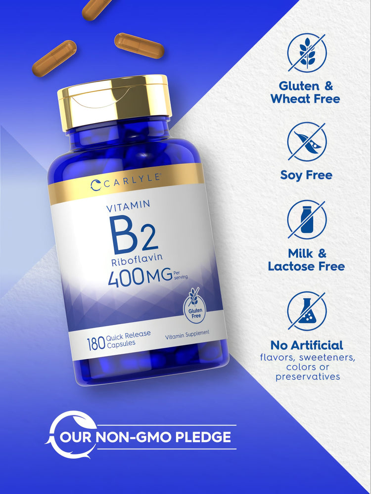 Brown Quick Release Capsules containing 400 mg of Vitamin B-2 Riboflavin, available in a 180-count bottle.