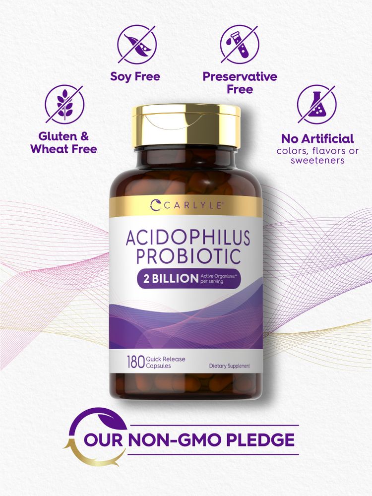 Carlyle Acidophilus Probiotic: 180 capsules with quick release. Image shows a hand holding the product to demonstrate size.