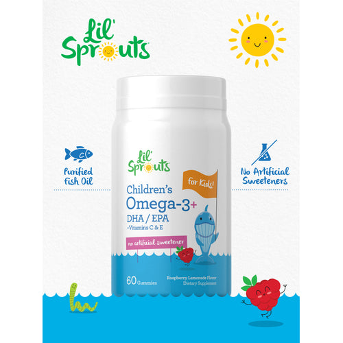View 5 Lil' Sprouts Omega-3+ DHA/EPA Gummies with Vit C&E, 60 ct, Raspberry Lemonade flavor. Purified Fish Oil, no artificial sweeteners.