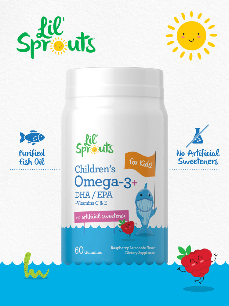 Lil' Sprouts Omega-3+ DHA/EPA Gummies with Vit C&E, 60 ct, Raspberry Lemonade flavor. Purified Fish Oil, no artificial sweeteners.