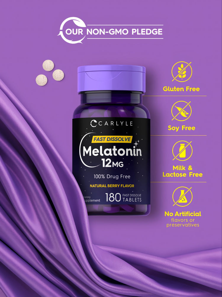 Three round Melatonin 12 MG Fast Dissolve tablets displayed on a hand for size comparison.