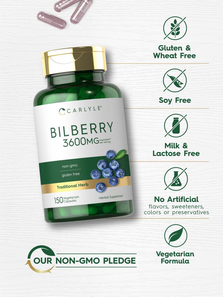 Carlyle Bilberry 3600mg 150 Vegetarian Capsules bottle shown with three loose purple capsules.
