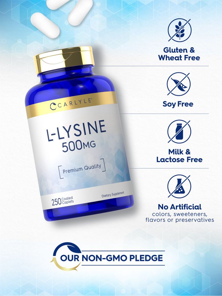 Bulk scale image of white L-Lysine 500 mg coated caplets in a hand, demonstrating size and quantity.