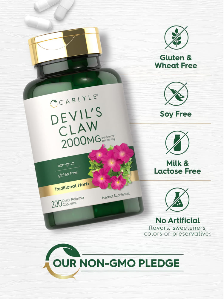 Devil's Claw bottle: Gluten & Wheat Free, Soy Free, Milk & Lactose Free, No Artificial Flavors/Sweeteners/Colors/Preservatives, non-gmo