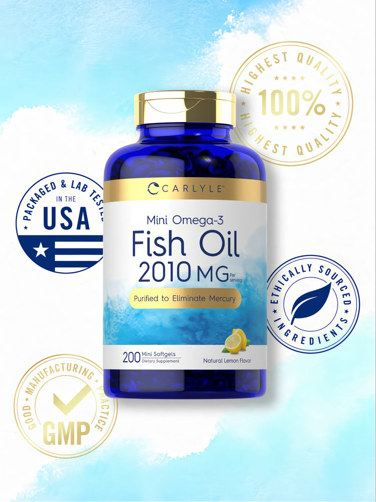 Hand holding Carlyle Mini Omega-3 Fish Oil: 200 Mini Softgels, 2010 mg per serving, Natural Lemon Flavor.