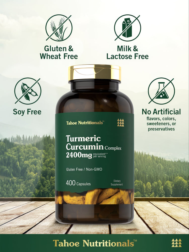 A scale displaying a bottle of 400 Turmeric Curcumin Complex 2400mg capsules for bulk purchase.