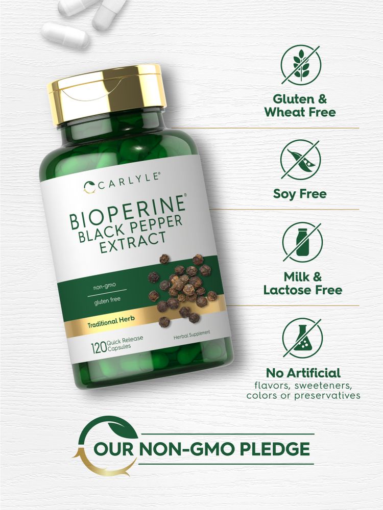 120 quick release capsules of Bioperine Black Pepper Extract on a hand scale.