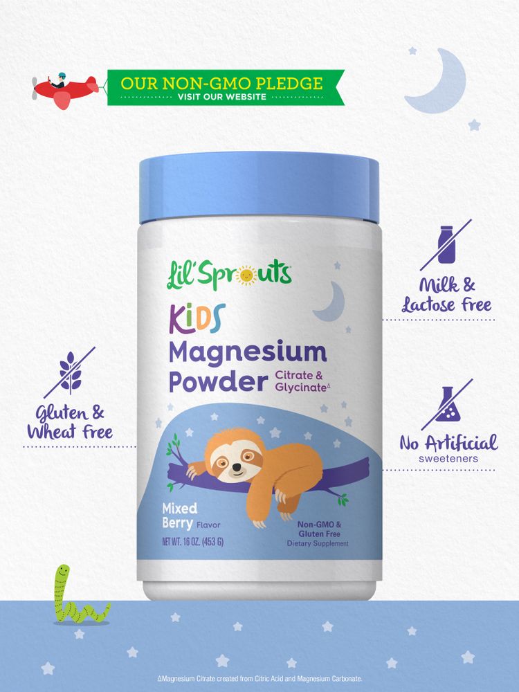Kids Magnesium Powder bottle is gluten, wheat, milk, and lactose free, with no artificial sweeteners.