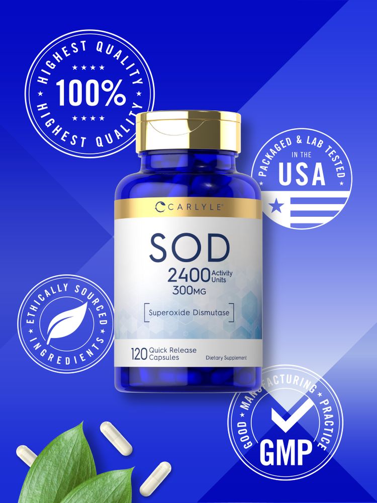 White 300 mg SOD Quick Release Capsules scattered near green leaves in a bulk display.