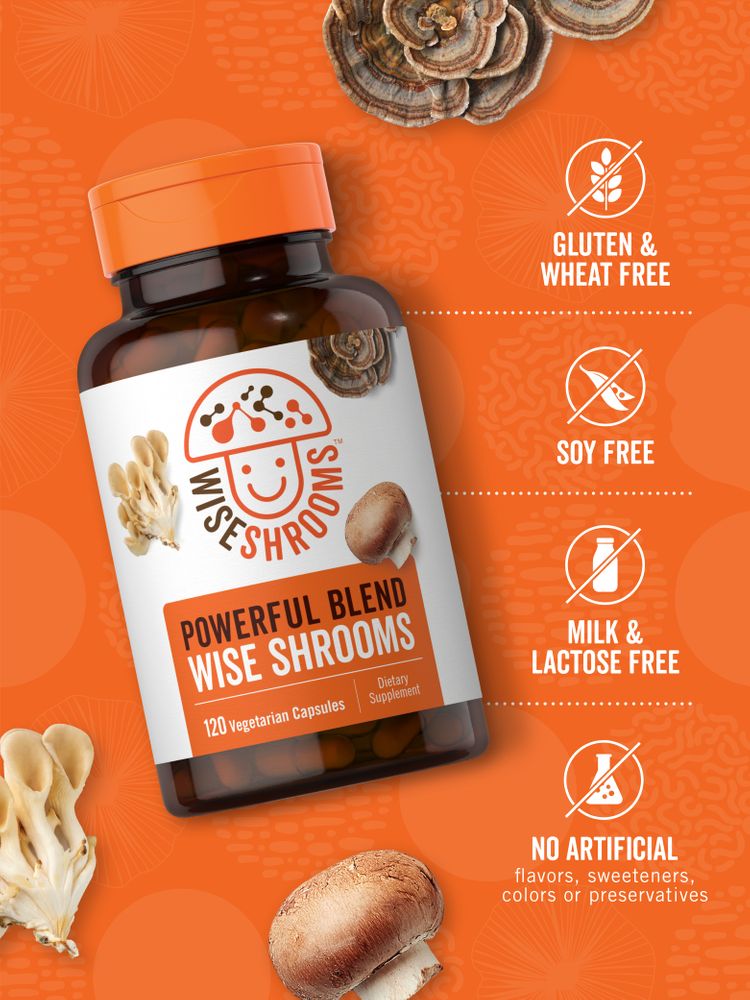 Wise Shrooms Powerful Blend 120 Vegetarian Capsules with whole oyster, button, and turkey tail mushrooms shown.