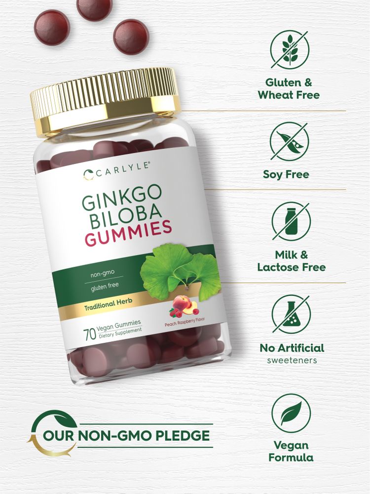 Carlyle Ginkgo Biloba 70 Vegan Gummies bottle with scattered peach raspberry flavored gummies.