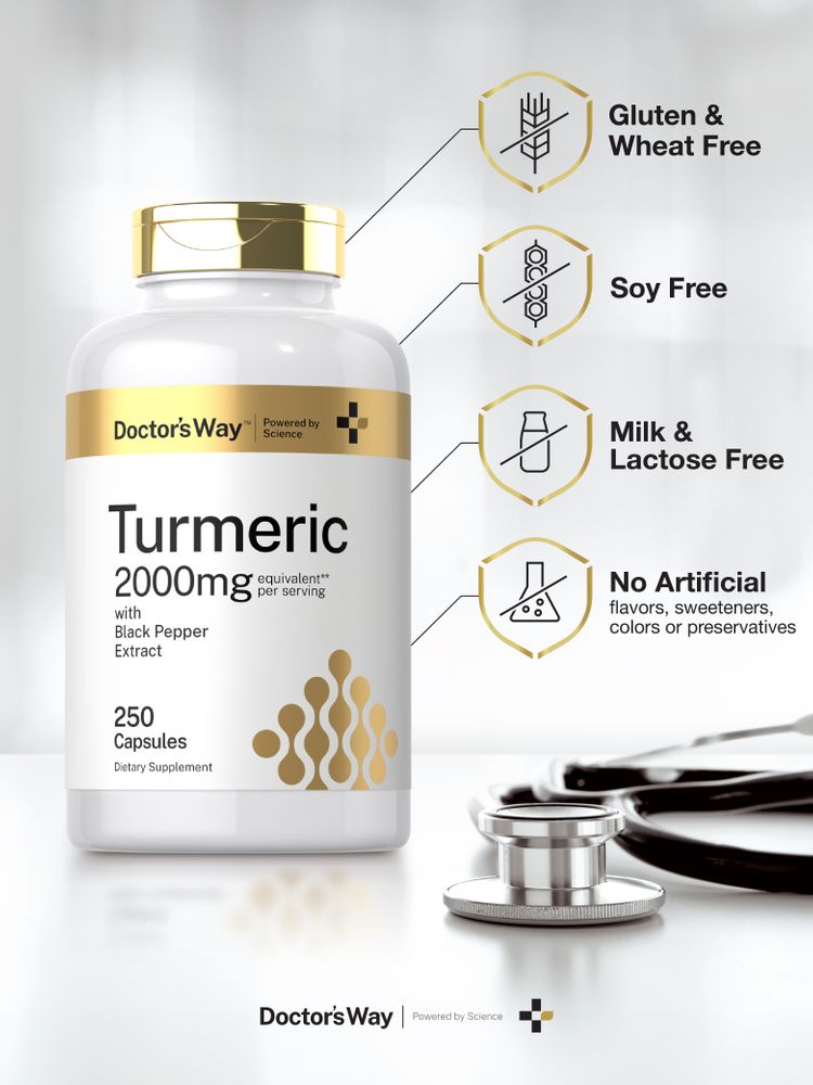Doctor's Way Turmeric 2000mg capsules with a total of 250 capsules, pictured on a hand scale for bulk measurement.
