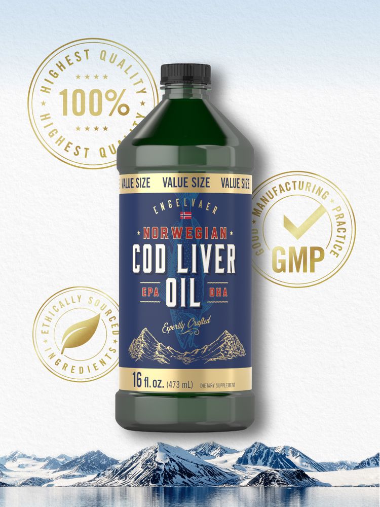 A 16 fl. oz. (473 mL) Norwegian Cod Liver Oil liquid bottle held in hand.