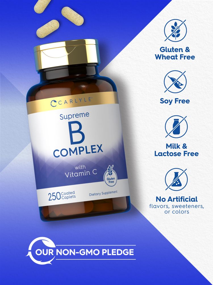 B Complex bottle: Gluten & Wheat Free, Soy Free, Milk & Lactose Free, No Artificial Flavors/Sweeteners/Colors, Gluten Free, OUR NON-GMO PLEDGE